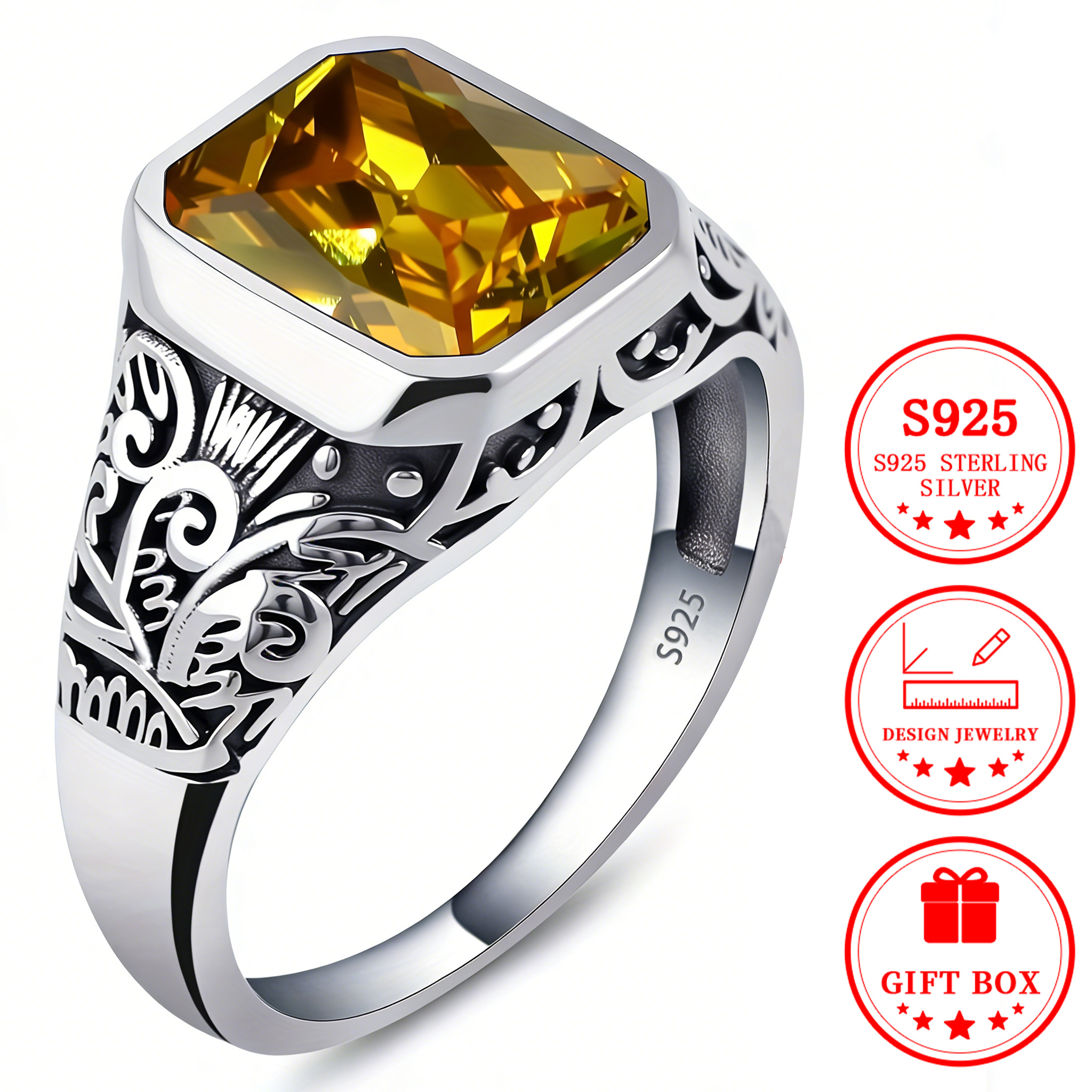 Men's Vintage Carved Square Geometric Ring in S925 Silver